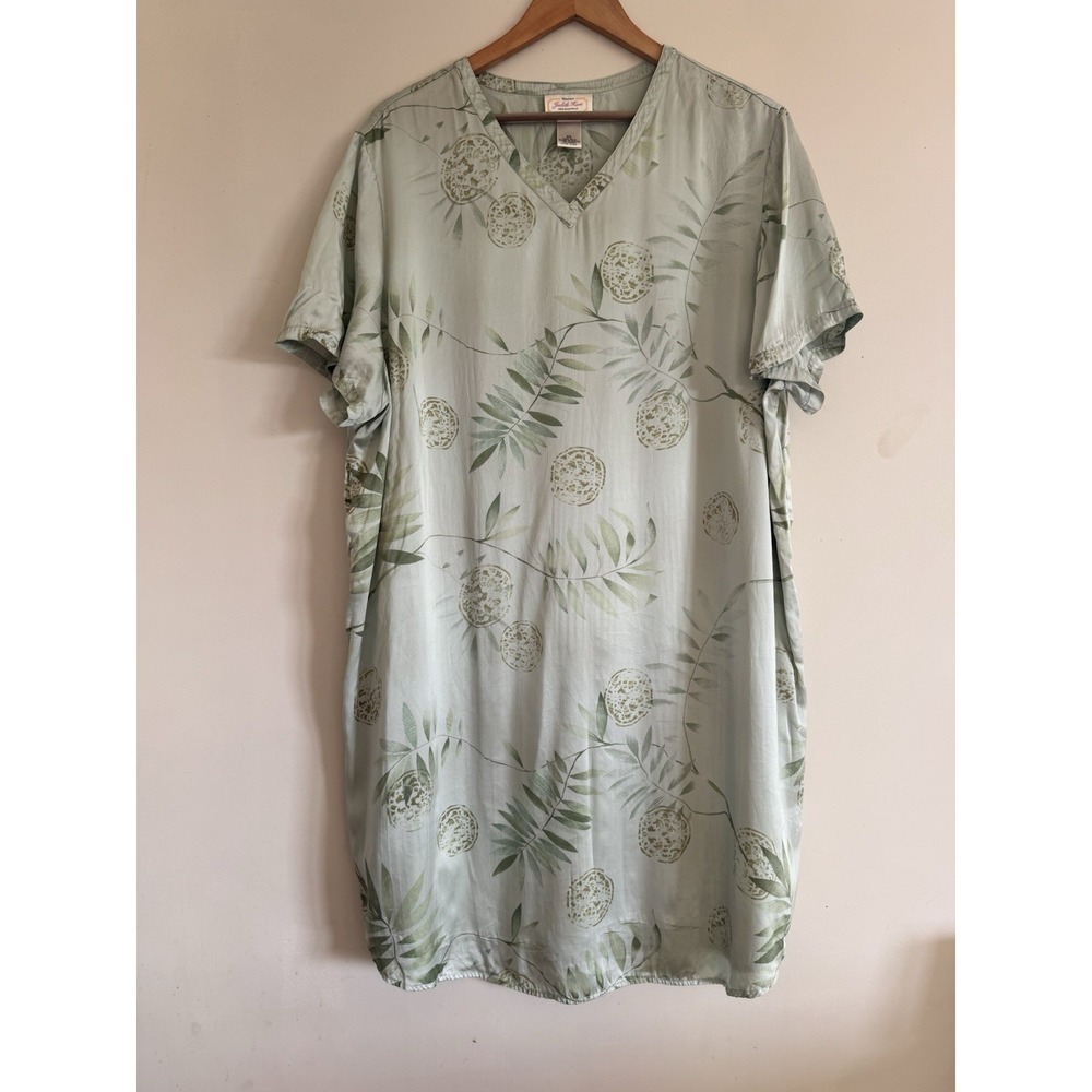 Judith Hart Nightgown Women's Green Silk Botanical V-Neck Sleepwear 2X Silky